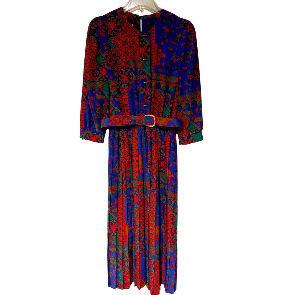 Vintage 80s Red Blue Green Baroque and Floral Button Top Pleated Skirt Dress Sm